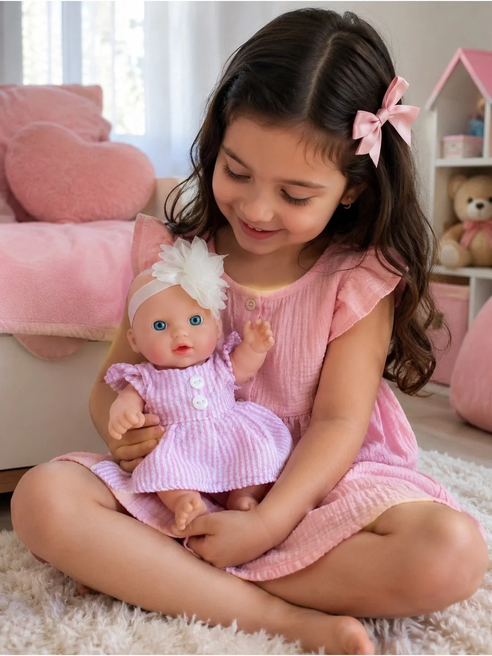 Cute 7” Baby Doll Pink Dress Blue Eyes Movable Arms Legs